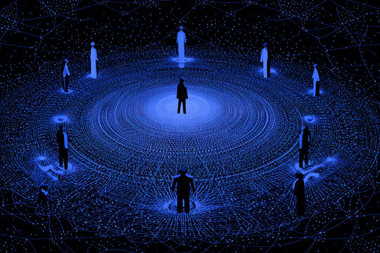 Futuristic network connecting silhouettes of people in a digital world, symbolizing global communication, technology partnerships, and innovative collaboration concepts