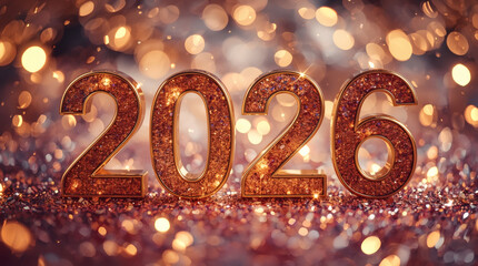 Banner. Shiny gold numbers 2026 and a beautiful bokeh on a dark background. The fiery horse is the symbol of the year. Happy New Year and Merry Christmas.