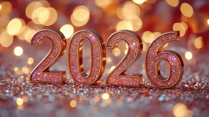 Banner. Shiny gold numbers 2026 and a beautiful bokeh on a dark background. The fiery horse is the symbol of the year. Happy New Year and Merry Christmas.