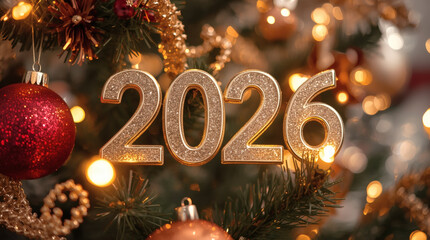 Banner. Shiny gold numbers 2026 and a beautiful bokeh on a dark background. The fiery horse is the symbol of the year. Happy New Year and Merry Christmas.