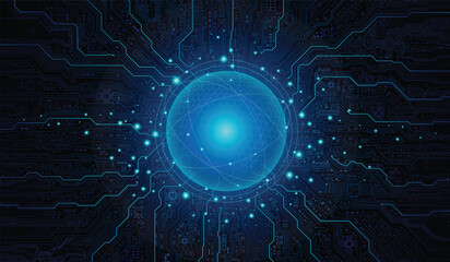 Global communication concept: A futuristic, glowing digital earth connected within a complex, high-tech circuit board network.