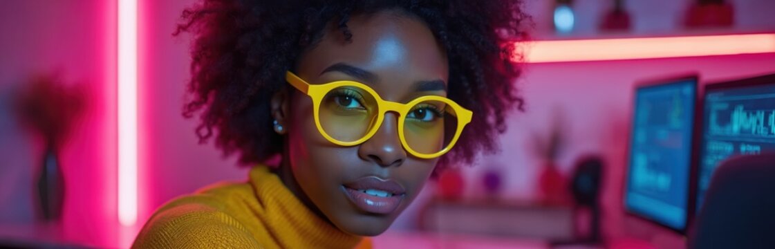 Young african american woman works in tech, analyzes cyber threats on computer. Female coder in yellow glasses, neon lights, modern workspace, she is focused on digital security. - Powered by Adobe