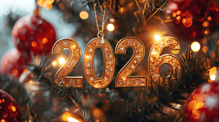 Banner. Shiny gold numbers 2026 and a beautiful bokeh on a dark background. The fiery horse is the symbol of the year. Happy New Year and Merry Christmas.