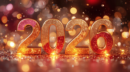 Banner. Shiny gold numbers 2026 and a beautiful bokeh on a dark background. The fiery horse is the symbol of the year. Happy New Year and Merry Christmas.