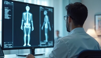 Doctor in glasses examines human skeleton x-ray images on computer screen in clinic. Medical pro reviews scan data for diagnosis. Patient care research in hospital.