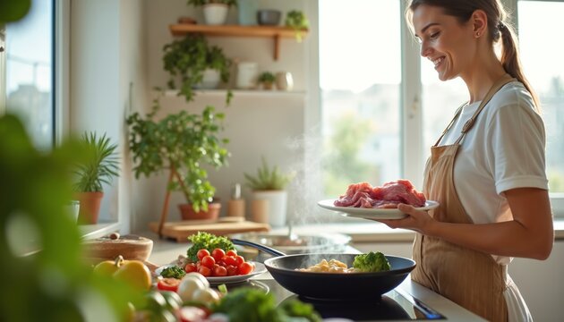 Young woman in beige apron stands in bright modern kitchen holding plate with raw meat. Cooking healthy meal on induction cooktop in frying pan with vegetables. Fresh ingredients on countertop.