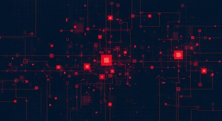 Abstract Technology Background with Glowing Red Squares and Connected Lines Representing Network or Circuit Board Design Perfect for Digital Innovation Concepts and Visualizing Data Transfer