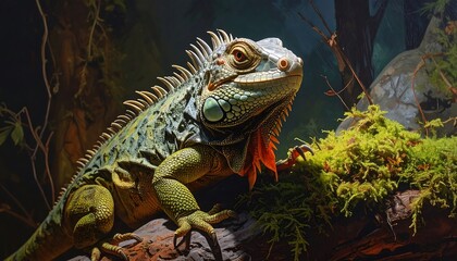 Obraz premium Green iguana perched on mossy branch in a natural habitat.