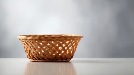 Fototapeta premium Woven wooden basket, light brown with lattice pattern, on a glossy surface against a soft gray background, side view, copy space.