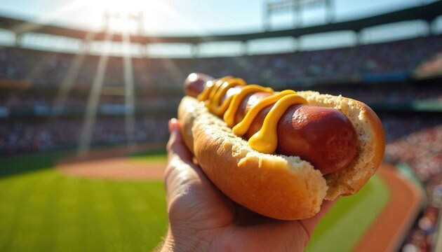 Hand holding hot dog with mustard near baseball field. Food at stadium during a sunny day. Baseball game background. Classic American fast food, snack. Sports event with tasty meal.