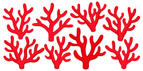 Fototapeta premium Vibrant Red Coral Collection Vector Detailed Marine Coral Branches & Ocean Reef Elements | Isolated Sea Life Illustration Set