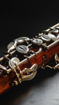 A close-up view of a woodwind instrument, highlighting keys and wood grain, with a black background