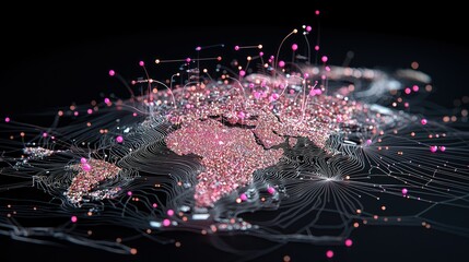 A digital representation of the world map is shown with glowing pink dots and connecting lines, suggesting global network activity.