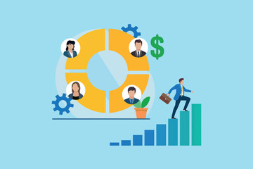 Team collaboration driving financial growth with business people advancing up a success bar chart for career development