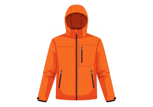 Illustration of a bright orange waterproof hooded outdoor jacket with black zipper details, isolated on transparent background - Powered by Adobe