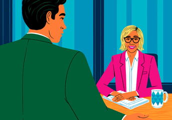 Illustration of a business meeting in an office setting with a businessman and businesswoman.