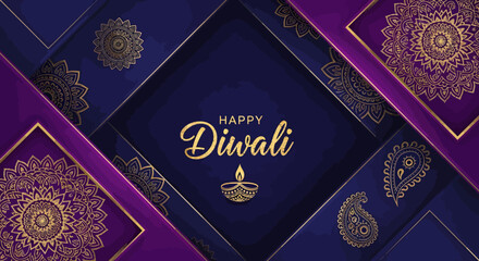 Happy Diwali greeting card with golden text and ornate designs.