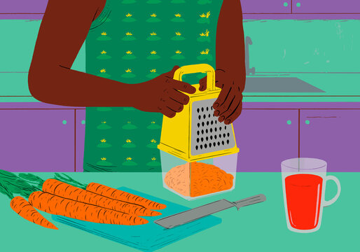 Illustration of a person grating carrots in a kitchen with a drink on the side