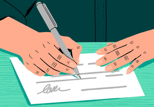 Illustration of hands signing a home contract with a pen on a desk
