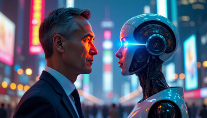 Fototapeta premium Futuristic encounter between a man and a robot in a vibrant city at night