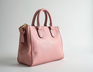 Pale pink leather handbag with gold hardware. This structured purse has twin top handles and a detachable shoulder strap. Its elegant design is perfect for everyday use or special occasions.