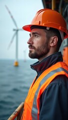 Man in orange hard hat and vest looks at offshore wind turbines. He works in renewable energy sea construction, thinking about his future job. Ocean waves crash below.