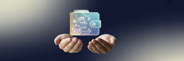 Hands holding glowing digital wallet icon, secure online finance