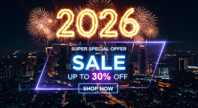 2026 New Year Fireworks Display Over City With Sale Up To 30 Percent Off Promotion celebration