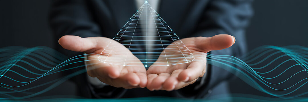 Businessman's hands holding glowing digital pyramid technology - Powered by Adobe