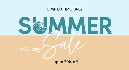 Summer sale advertisement with wave design and up to 70% off.