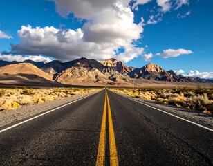 Asphalt road stretches to majestic mountains under a sunny, cloudy sky