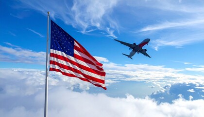 American flag waving in wind beneath flying airplane, set against bright blue sky with scattered clouds.