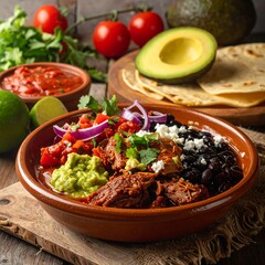 Delicious meal featuring shredded meat, black beans, and guacamole.