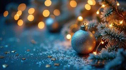 Fototapeta premium Close-up of a luxurious blue and gold Christmas ornament surrounded by glittering beads, set against a shimmering bokeh background, perfect for winter holiday and festive themes.