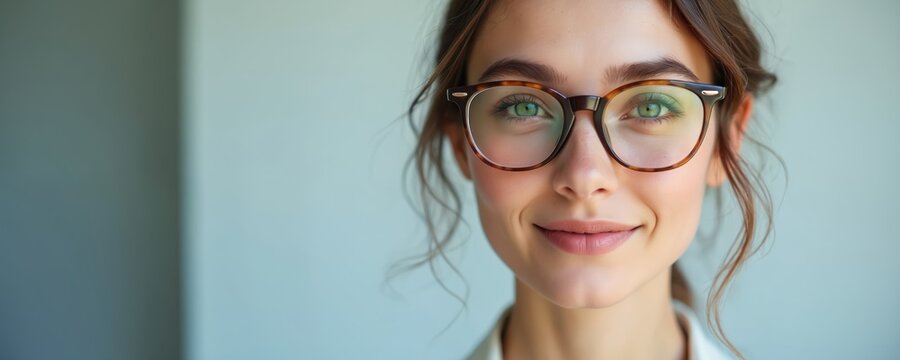 Close up shot of a smiling woman wearing stylish eyeglasses. Her green eyes are visible through the lenses. She has brown hair loosely styled. The background is a soft, plain color.