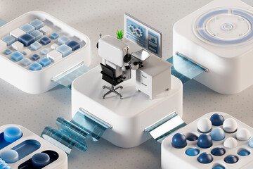 3D robot at work desk in digital environment