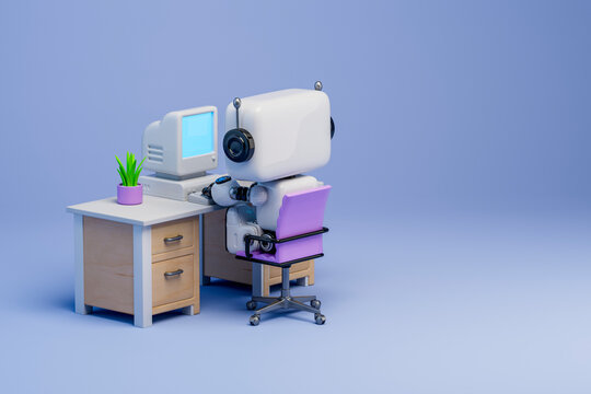 3D robot using vintage computer at desk