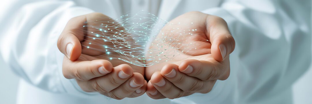 Hands cupping vibrant, glowing digital network symbolizing future. - Powered by Adobe
