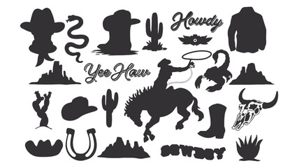 Wild west cowboy and desert themed graphic elements vector set