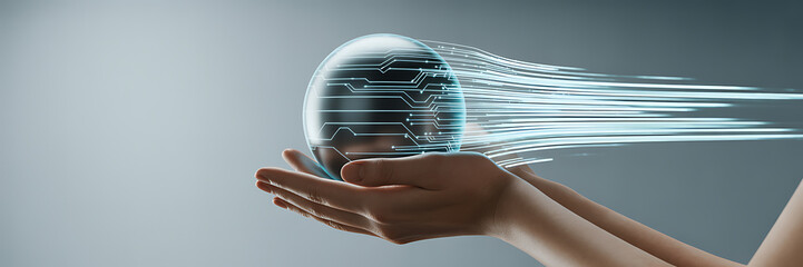 Digital globe with circuit lines in cupped hands and data stream