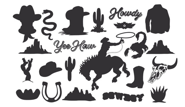 Wild west cowboy and desert themed graphic elements vector set
