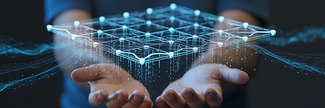 Person presenting glowing digital network grid, data flow concept.