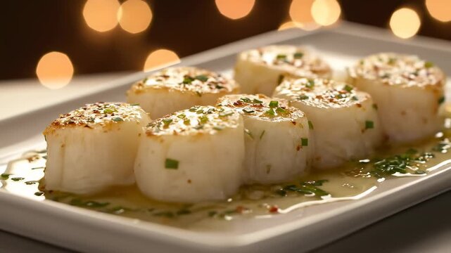Seared scallops with sauce on a white plate, bokeh lights background