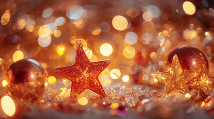 Happy New Year 2026. Beautiful Christmas background, banner of glass stars and Christmas balls.