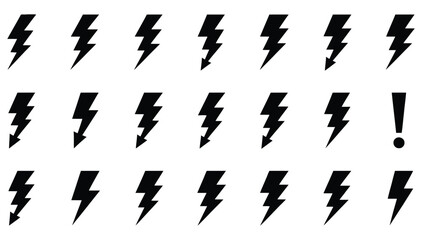 Black lightning bolt and exclamation mark icon set, danger alert