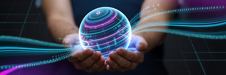 Hands cradling glowing digital sphere with flowing data streams