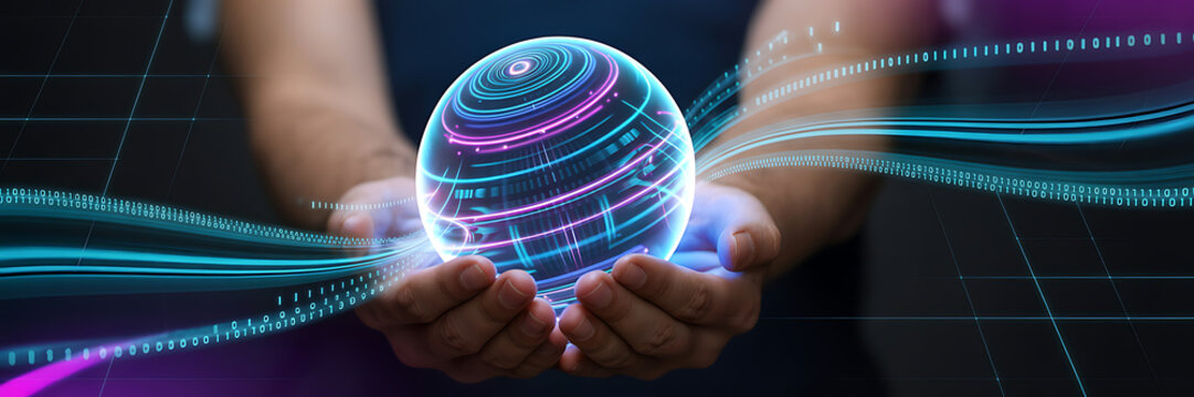 Hands cradling glowing digital sphere with flowing data streams - Powered by Adobe