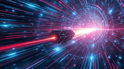 Futuristic data core speeding through a dynamic cyber tunnel