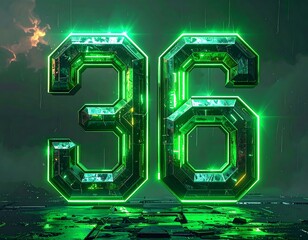 Digitally rendered numeric symbol "36" illuminated with a vibrant green glow against a futuristic, stormy backdrop