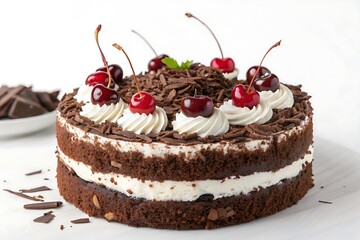 Delicious Black Forest cake layered with chocolate, topped with whipped cream swirls and cherries, isolated cleanly on a white background.